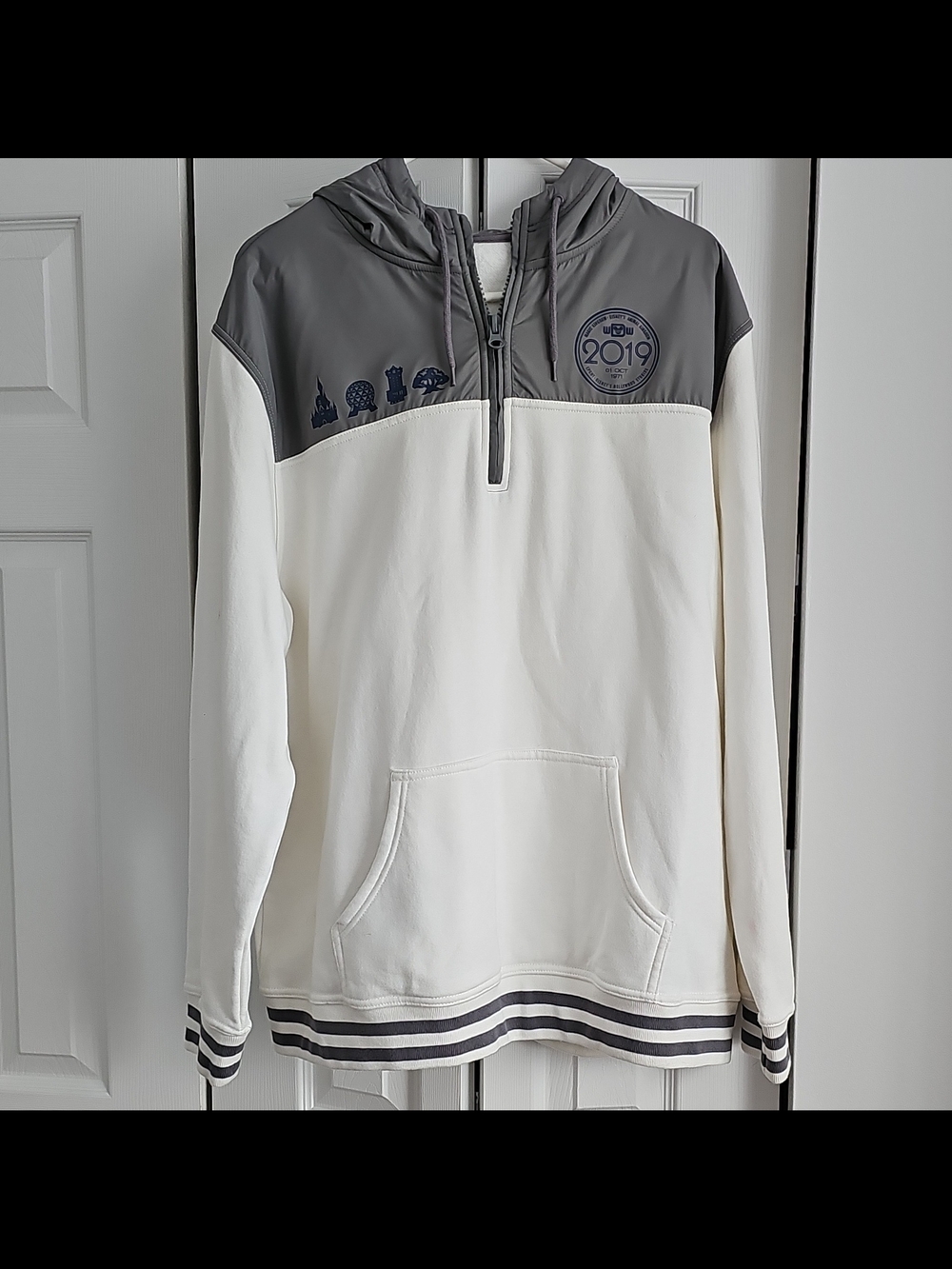 Disney White and Gray Half-Zip Hoodie Sweatshirt